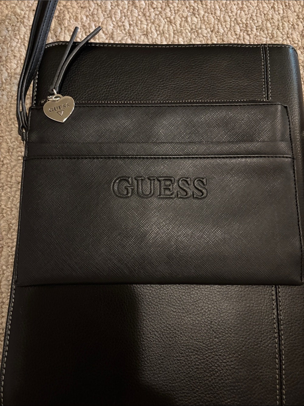 GUESS Black Leather Wristlet Clutch with Heart Charm